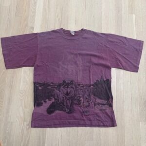 Basics NWF Wolf Graphic T-Shirt Mens XL Purple Good Vintage All Over Print